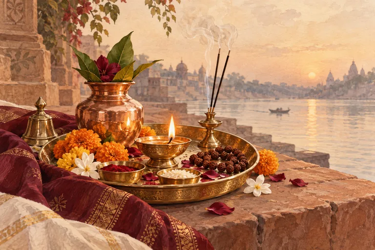 Illustration of a diya, flowers and traditional puja offerings